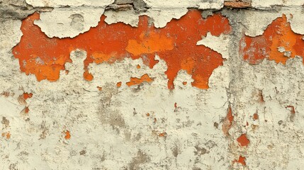 Close-up of weathered wall texture with peeling paint and rusty orange accents, ideal for backgrounds.