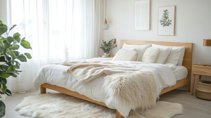 A clean and inviting bedroom features a large bed adorned with soft blankets and pillows
