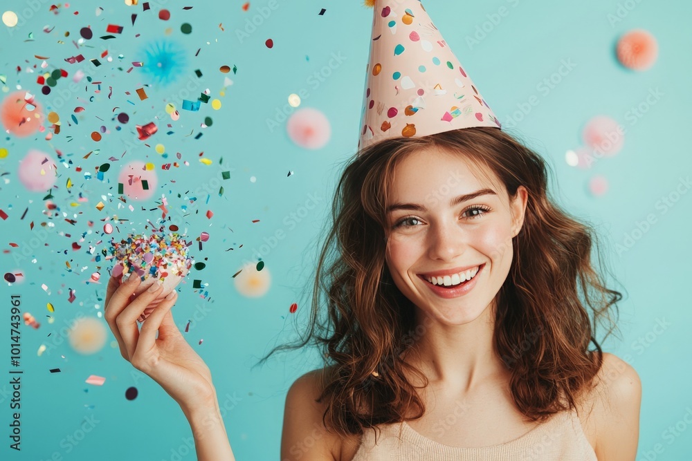 Wall mural Playful Woman Celebrating Birthday with Confetti