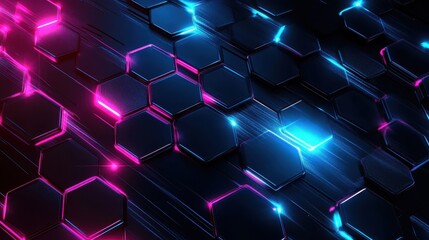 A vibrant, futuristic hexagonal pattern with glowing neon colors.