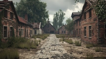 Abandoned decaying village in a moody atmospheric landscape with crumbling overgrown brick and wood structures surrounded by nature and a shroud of fog or mist creating a haunting