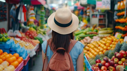 Obraz premium A woman in a straw hat explores a vibrant market filled with fresh fruits and vegetables, showcasing a colorful array of produce.