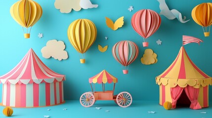 Fototapeta premium Paper cut art of a circus scene with tents and balloons in pastel colors