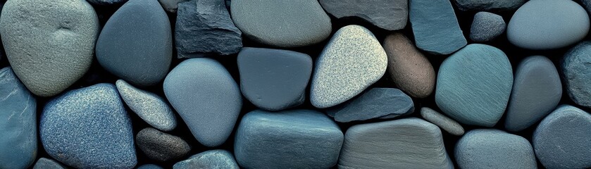 Smooth blue river stones in various shades, creating a textured pattern on a natural surface.
