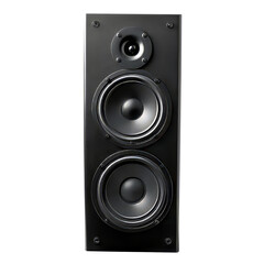 Dark Vertical Speaker Featuring Dual Woofers and One Tweeter.