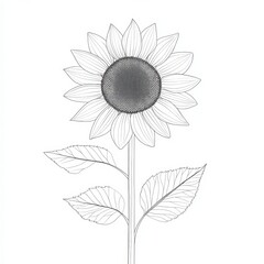 Fototapeta premium Outline illustration of a sunflower with detailed petals and leaves.