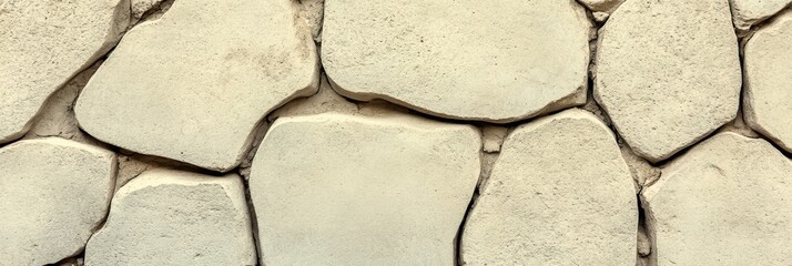 Textured stone wall with uneven white stones arranged closely creating a rustic and natural aesthetic.