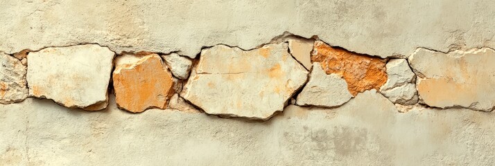 Textured wall with exposed stones and cracks, showcasing natural color variations and weathered details.