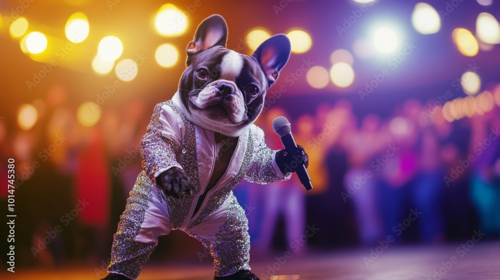 Poster a dog dressed in a glittering suit holds a microphone while entertaining an enthusiastic audience
