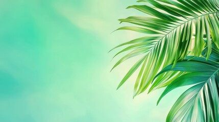 Vibrant green palm leaves against a soft turquoise background, perfect for tropical themes and nature designs.