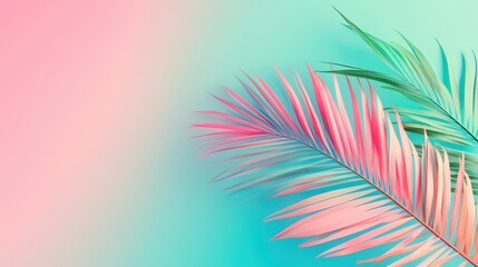 Vibrant palm leaves against a pastel background, creating a tropical and soothing atmosphere.
