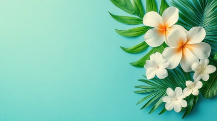 Vibrant tropical flowers and lush leaves on a serene blue background, perfect for summer-themed designs.