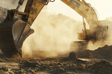 Excavator Working on Construction Site with Dust Clouds