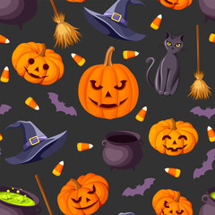Halloween seamless background with jack-o-lanterns, cats, bats, cauldrons, witches hats, brooms, and candy corn on black. Vector season print