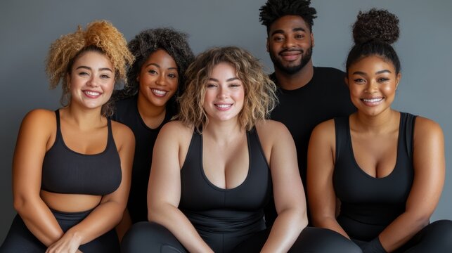 Group of diverse individuals participating in a body-positive photoshoot indoors, celebrating natural beauty and confidence through creative expression