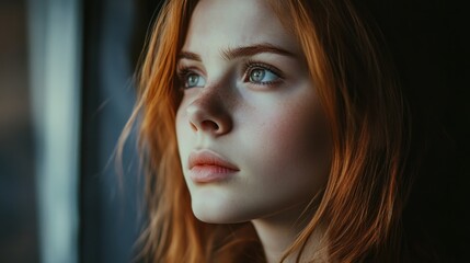 A young woman with red hair and green eyes looks out a window with a contemplative expression.