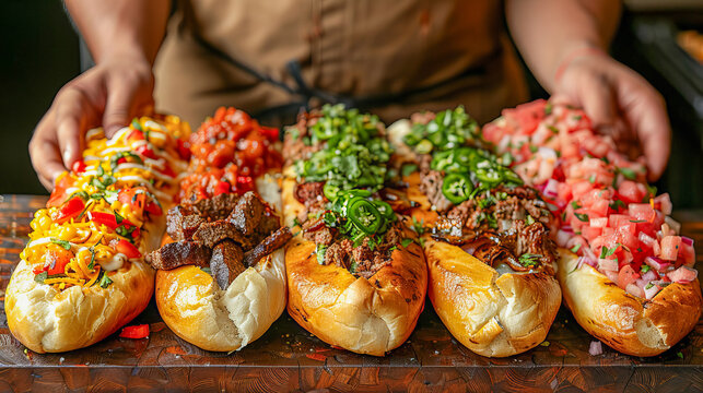 Chef presenting selection of delicious mexican tortas on wooden board