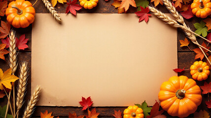 Rustic Autumn Frame with Pumpkins, Wheat, and Fall Leaves