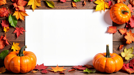 Autumn Frame with Pumpkins and Maple Leaves on Wooden Background