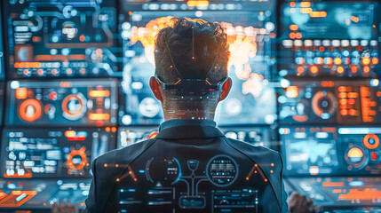 Businessman using brain computer interface working on multiple monitors with digital data visualizations