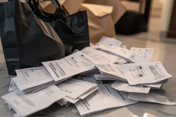 Black Friday Receipts: A flat lay of several long receipts from Black Friday purchases, each showing multiple items and large discounts. The receipts are laid out on a table with shopping bags and ite