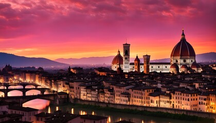 Fototapeta premium Silhouette of the Florence skyline with the duomo set against a rich pink and red sunset, Ai Generated