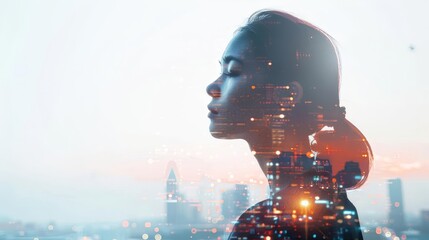 Double exposure of a woman with cityscape and data, symbolizing the intersection of urban life and digital information for modern, tech-driven themes with copy space