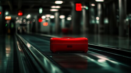 Fototapeta premium Red Luggage on Silent Conveyor Belt in Airport