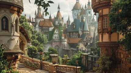 A picturesque view of a medieval village with stone buildings, towers, and lush greenery.