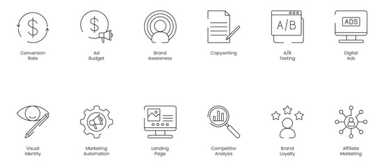 Conversion Rate and Ad Budget Icon Set Including Brand Awareness, Copywriting, AB Testing, Digital Ads, Visual Identity, Marketing Automation, Landing Page, Computer Analysis, Brand Loyalty, and Affi