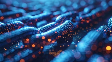 Fototapeta premium Abstract digital chain links in blue and orange glow, representing connectivity and data flow.