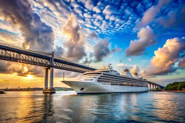 A large cruise ship is sailing under a bridge