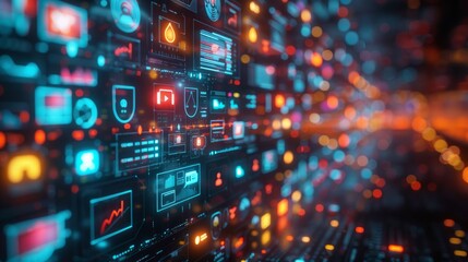 Abstract digital interface with colorful icons and data visualizations.