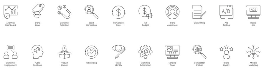 Comprehensive Analytical Dashboard Icon Set Including Brand Logo, Customer Retention, Lead Generation, Conversion Rate, Ad Budget, Brand Awareness, Copywriting, AB Testing vector icon set