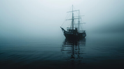 Fototapeta premium A lone ship sails through a thick fog on a mysterious sea.