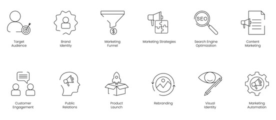 Target Audience and Brand Identity Icon Set Including Marketing Funnel, Marketing Strategies, SEO, Content Marketing, Customer Engagement, Public Relations, Product Launch, Rebranding, Visual Identity