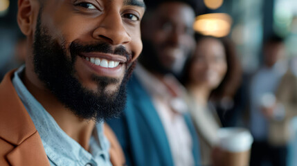 Fototapeta premium Smiling businessman looking at camera with colleagues in background.
