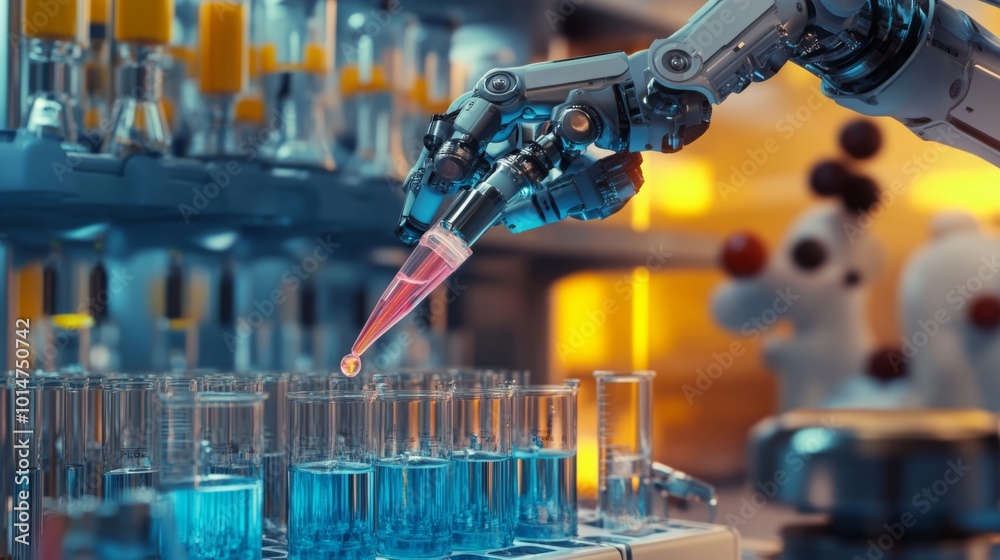 Poster A robotic arm carefully transfers a drop of liquid from a pipette into a test tube in a high-tech laboratory setting
