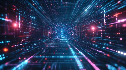 Obraz premium Abstract digital tunnel of glowing lines and particles, representing data flow, connectivity and speed.