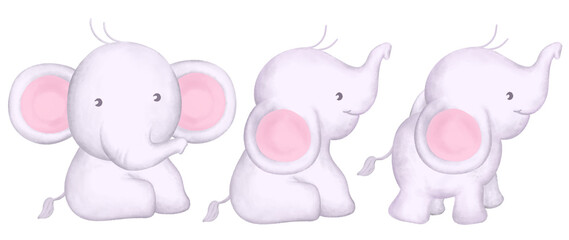 three of cute pink elephant gesture isolated. perfect for wildlife themed posters design. 