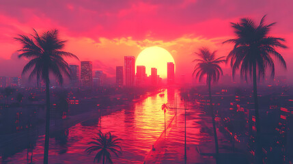 Obraz premium pink sunset in a city with skyscrapers