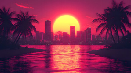 pink sunset in a city with skyscrapers