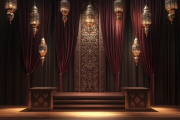 Fototapeta premium An ornate stage with decorative curtains and lanterns, suitable for cultural performances.