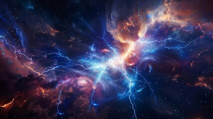 Abstract cosmic background with lightning bolts and nebulae.