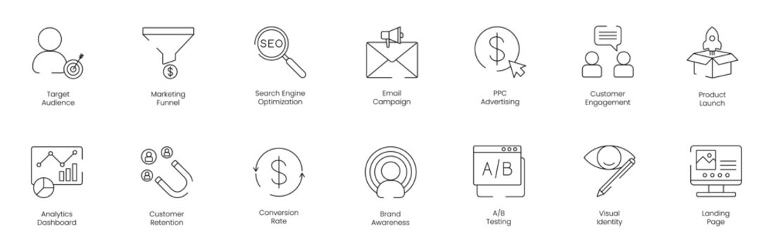 Target Audience and Marketing Funnel Icon Set Including SEO, Email Campaign, PPC Advertising, Customer Engagement, Product Launch, Analytical Dashboard, Customer Retention vector icon set