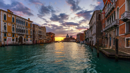 Grand Canal at sunrise in Venice, Italy. Sunrise view of Venice Grand Canal. Architecture and landmarks of Venice. Venice postcard