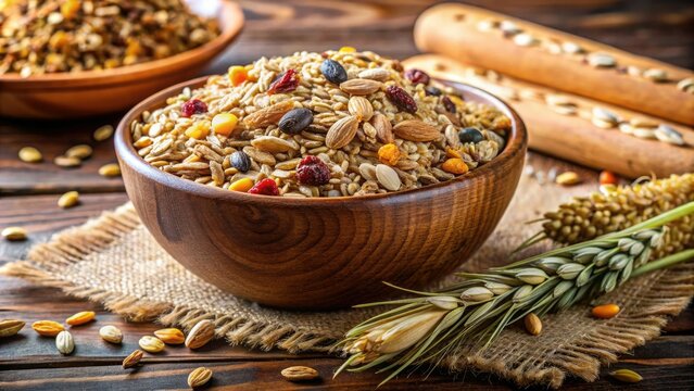 Gesunde Getreidemischung f&Atilde;&frac14;r Brot, Kuchen und M&Atilde;&frac14;sli in einer Sch&Atilde;&frac14;ssel &acirc;&euro;&ldquo; Vielseitige Zutaten sorgen f&Atilde;&frac14;r k&Atilde;&para;stliche Rezepte, die sowohl nahrhaft als auch schmackhaft sind.