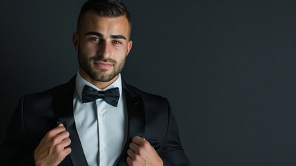 Handsome man in a tuxedo with a bow tie on a black background.
