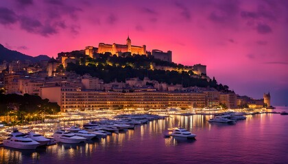Naklejka premium Silhouette of the monaco skyline with yachts and the princes palace glowing under a vibrant red and purple, Ai Generated