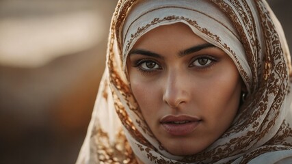 Middle-eastern woman in her 30s wearing tan and brown patterned hijab, with intense green eyes and serious expression